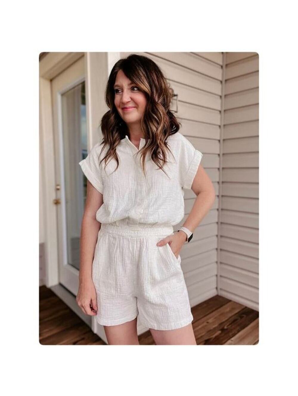 Lou & Grey EUC Women's Cream Speckled Gauze Romper w/Pockets Size XS